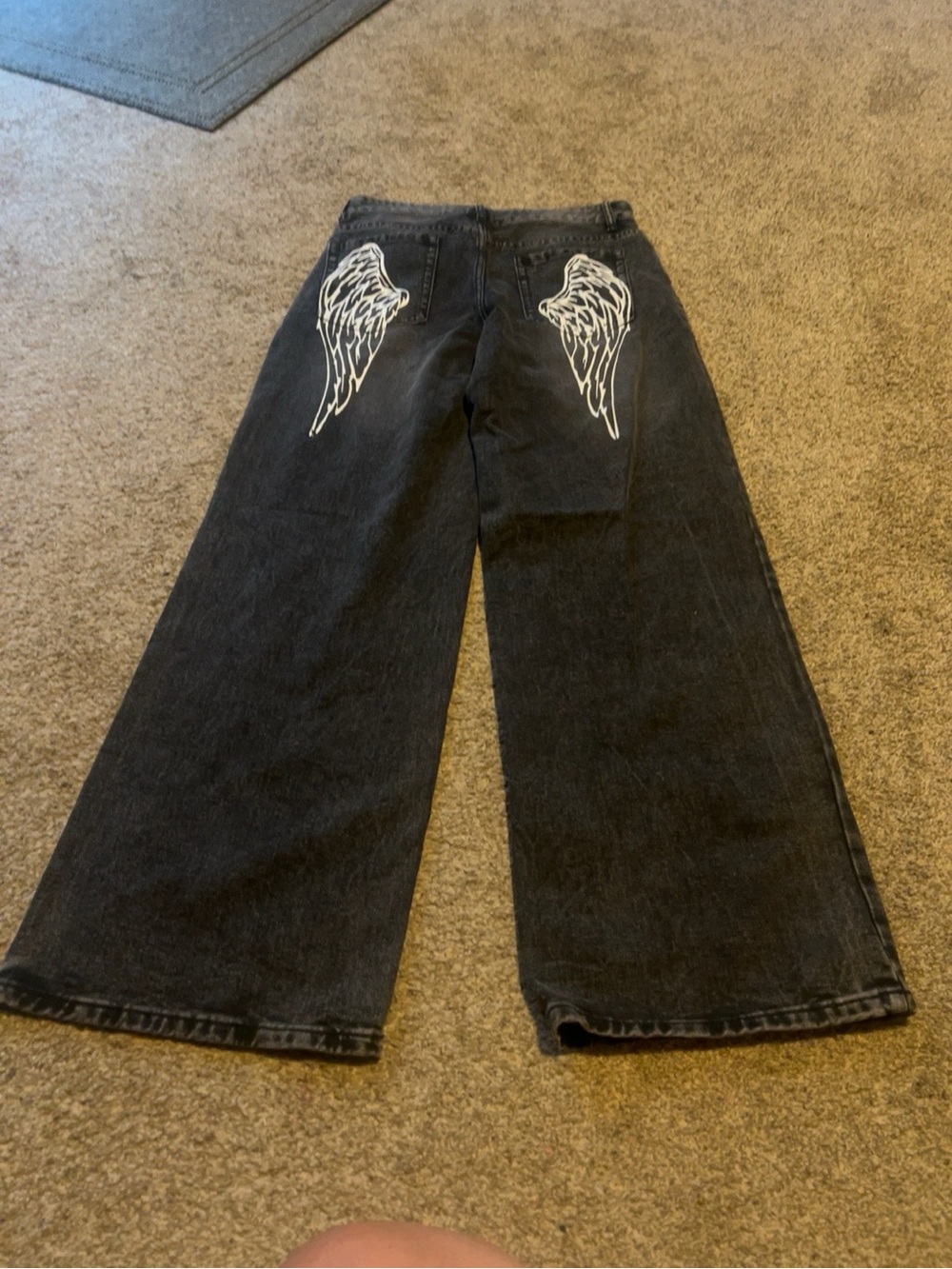 Asphalt Black Wide Leg Jeans Angel Wing Graphic Back Pockets Size Small Y2K